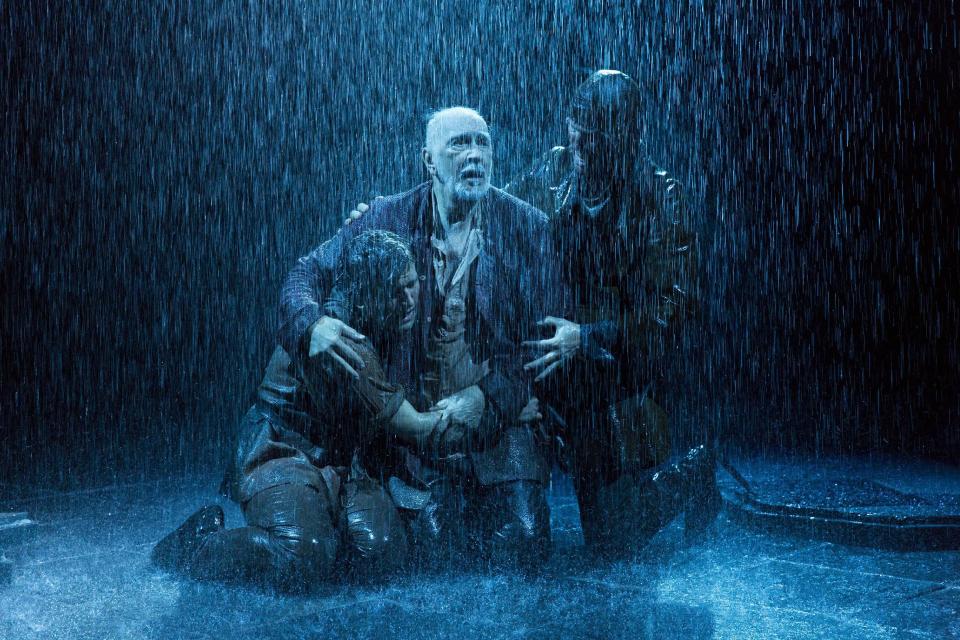 In this publicity photo provided by the Brooklyn Academy of Music, from left, Harry Melling, Frank Langella and Steven Pacey perform in a scene from “King Lear," in New York. (AP Photo/BAM, Richard Termine)