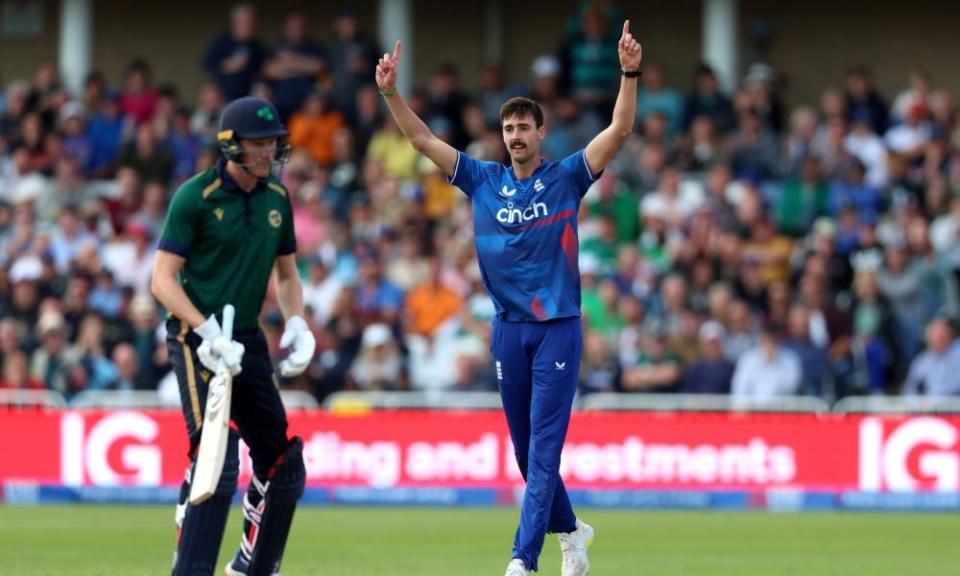 George Scrimshaw celebrates after taking the wicket of Ireland’s Lorcan Tucker.