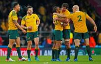 Rugby Union - Australia v Wales - IRB Rugby World Cup 2015 Pool A - Twickenham Stadium, London, England - 10/10/15 Australia's Kurtley Beale is congratulated by teammates during the game Reuters / Eddie Keogh