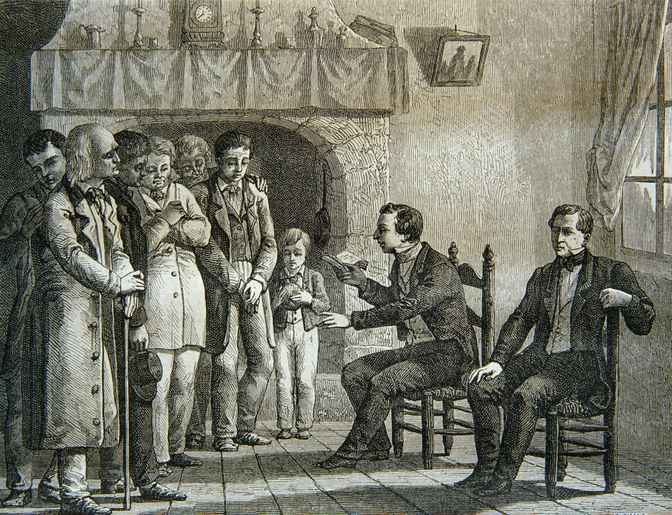An engraving of Joseph Smith reading the Book of Mormon. (Photo: Chris Hellier via Getty Images)
