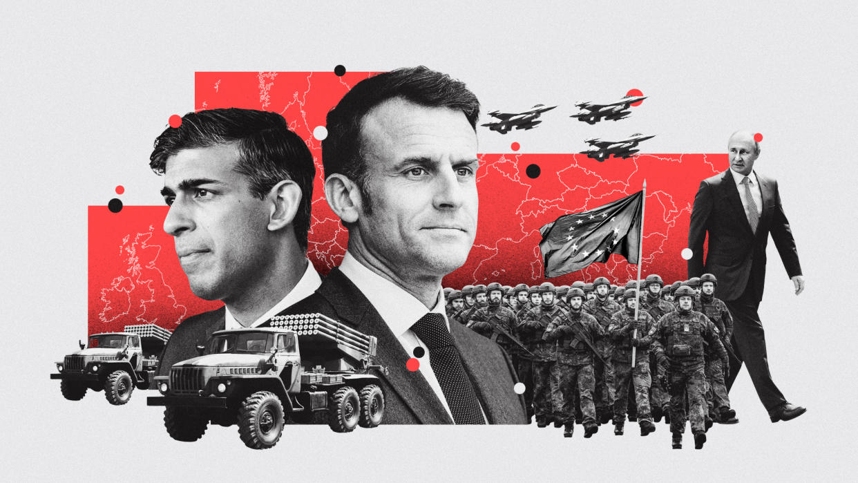  Photo composite of Emmanuel Macron, Rishi Sunak, German troops, artillery vehicles and a map of Europe alongside Vladimir Putin. 