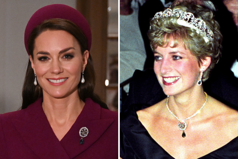 The Princess of Wales and her late mother-in-law Diana, wearing the Prince of Wales Feathers Pendant (ES composite)