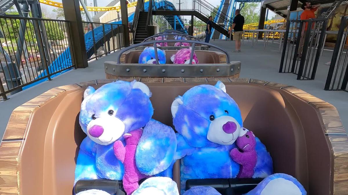 Giant teddy bears ride the new roller coaster at Adventureland Park