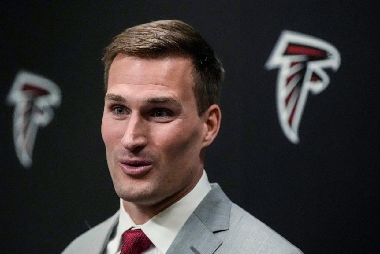 Atlanta Falcons quarterback Kirk Cousins speaks during a news conference Wednesday, March 13, 2024, in Flowery Branch, Ga.