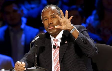 U.S. Republican presidential candidate Dr. Ben Carson speaks at the North Texas Presidential Forum hosted by the Faith & Freedom Coalition and Prestonwood Baptist Church in Plano, Texas October 18, 2015. REUTERS/Mike Stone