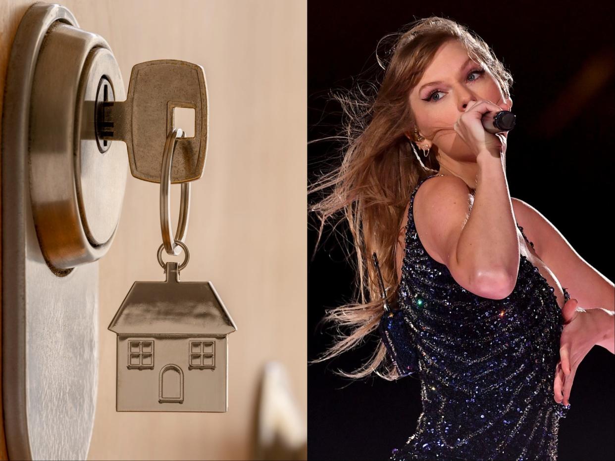 A composite image of a key in a lock with a house-shaped keyring hanging off it and Taylor Swift performing onstage.