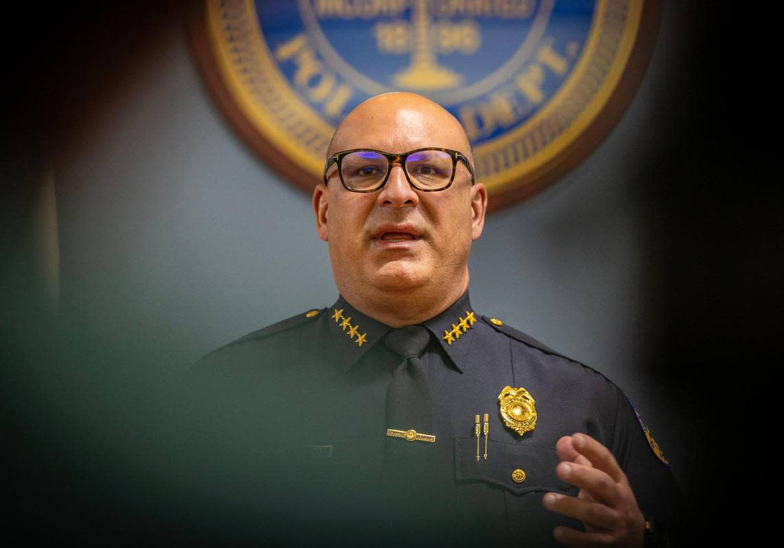 City of Miami Chief of Police Manny Morales speaks during a press conference about a Miami cop who was arrested Tuesday on a DUI charge after a Miami-Dade Schools police officer found him near a school passed out behind the wheel with a gun on his lap. The presser took place at the MDP headquarters in downtown Miami, on Wednesday November 01, 2023. Pedro Portal/pportal@miamiherald.com