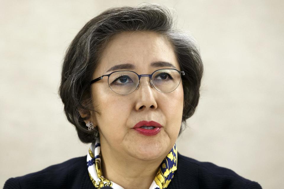 Yanghee Lee, Special Rapporteur on the situation of human rights in Myanmar, delivers her report, during the 34th session of the Human Rights Council, at the European headquarters of the United Nations in Geneva, Switzerland, Monday, March 13, 2017. (Salvatore Di Nolfi/Keystone via AP)