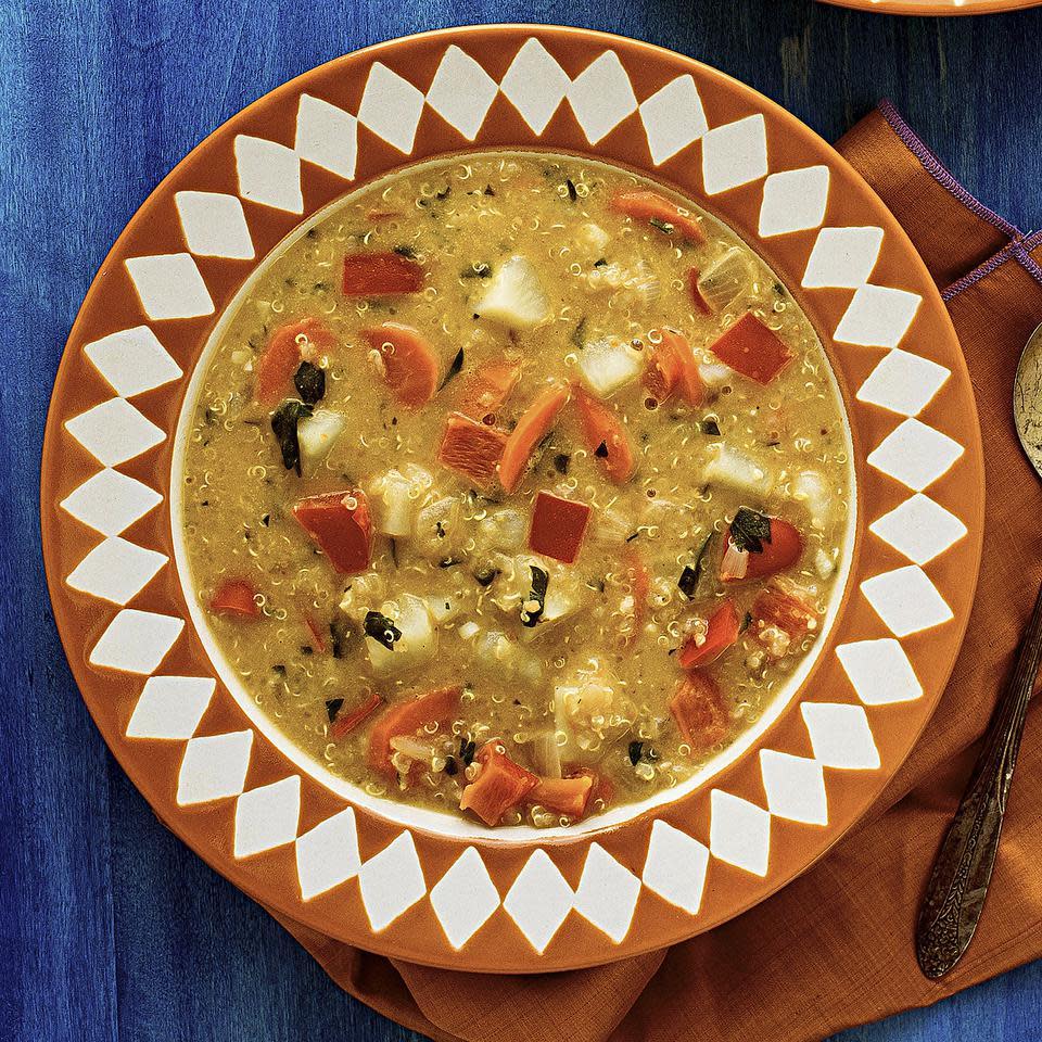 <p>This spicy vegetable, quinoa and peanut soup recipe is a modern take on a traditional Bolivian soup recipe called Sopa de Mani. Serve this healthy quinoa soup recipe as a starter or make it a heartier meal by adding diced cooked chicken or turkey breast to the soup.</p>