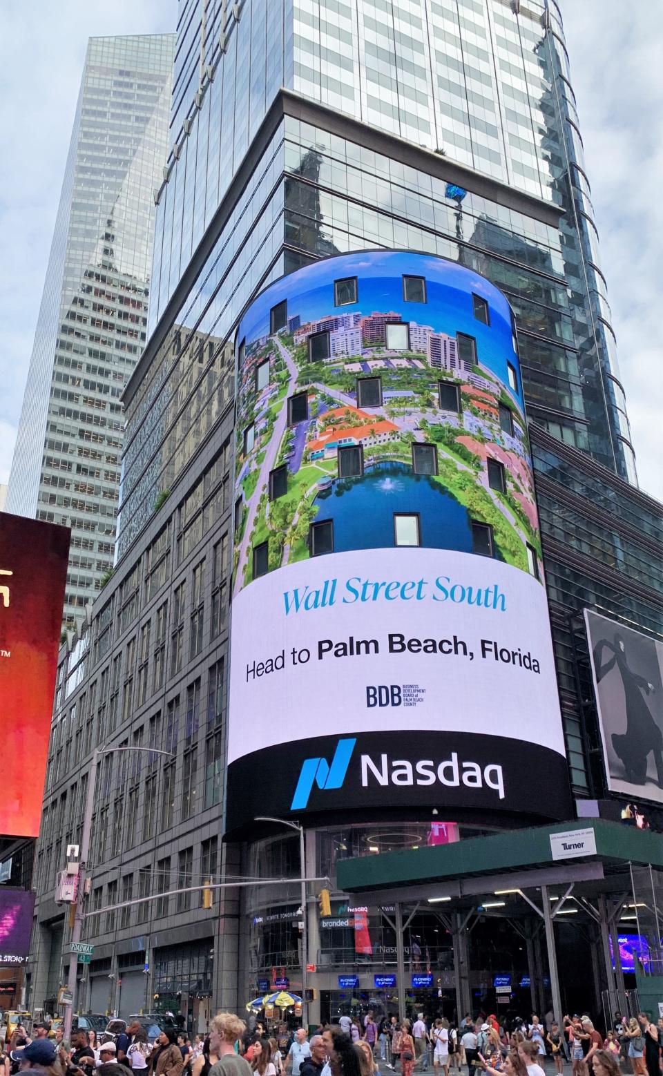 Palm Beach County's Business Development Board placed three digital billboards at 43rd Rotunda, Times Square Tower, and the iconic I Love NY Board. The billboards advertised "Wall Street South", a nickname given to West Palm Beach.