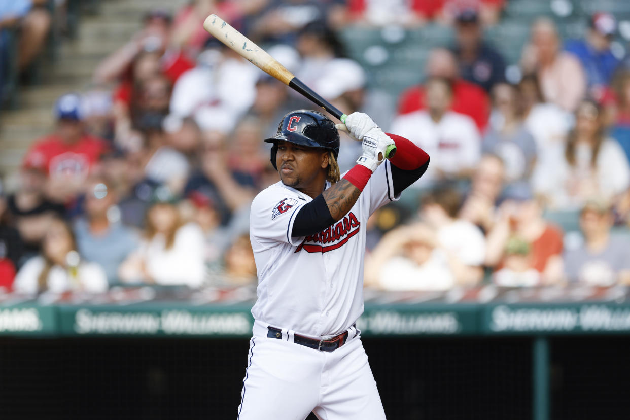 Cleveland Guardians' José Ramírez bats against the Oakland Athletics during the first inning of a baseball game, Friday, June 10, 2022, in Cleveland. (AP Photo/Ron Schwane)