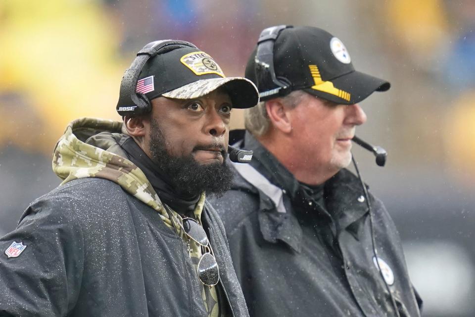 Pittsburgh Steelers head coach Mike Tomlin, left, and defensive coordinator Keith Butler on the sideline during an NFL football game against the Detroit Lions, Sunday, Nov. 14, 2021, in Pittsburgh. (AP Photo/Keith Srakocic)