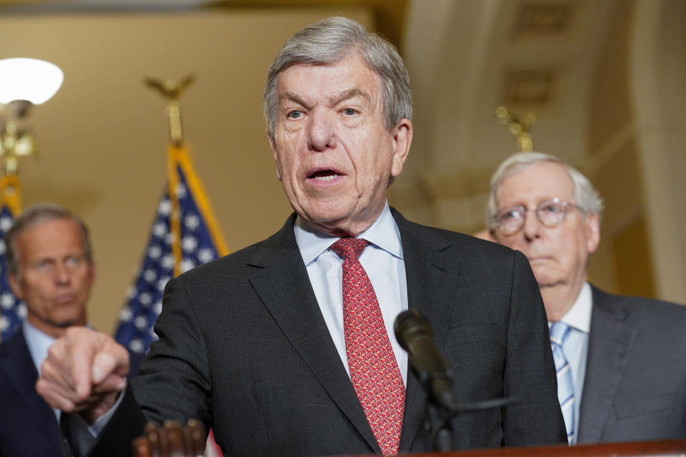Sen. Roy Blunt, R-Mo., center, Senate Minority Leader Mitch McConnell of Ky., right, and Sen. John Thune, R-S.D., left, speaks during a news conference at the Capitol,, Wednesday, Sept. 7, 2022, in Washington. (AP Photo/Mariam Zuhaib)