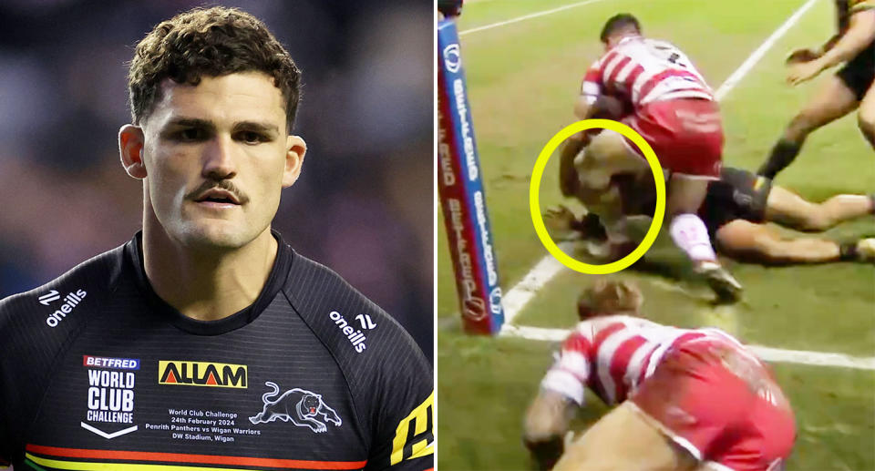 Pictured left is Penrith star Nathan Cleary and teammate Taylan May on the right.