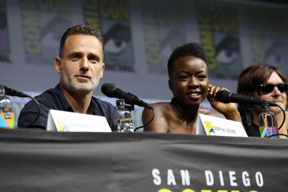 Andrew Lincoln, Danai Gurira and Norman Reedus at SDCC "Walking Dead" panel. (Photo: Jesse Grant via Getty Images)