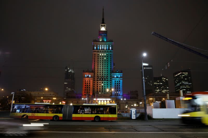 Palace of Culture and Science is illuminated in rainbow colours in a gesture of solidarity with the LGBT community during International Day of Tolerance in Warsaw
