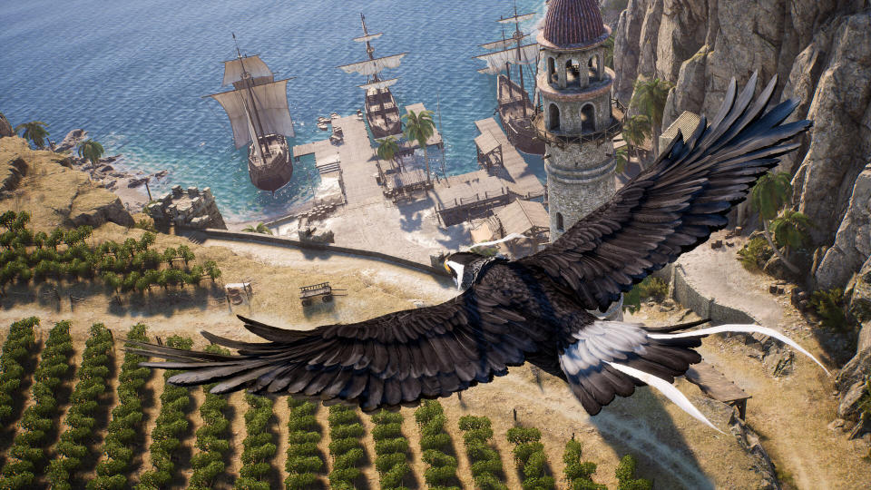 An eagle soars above a seaside city, with ships waiting at the dock