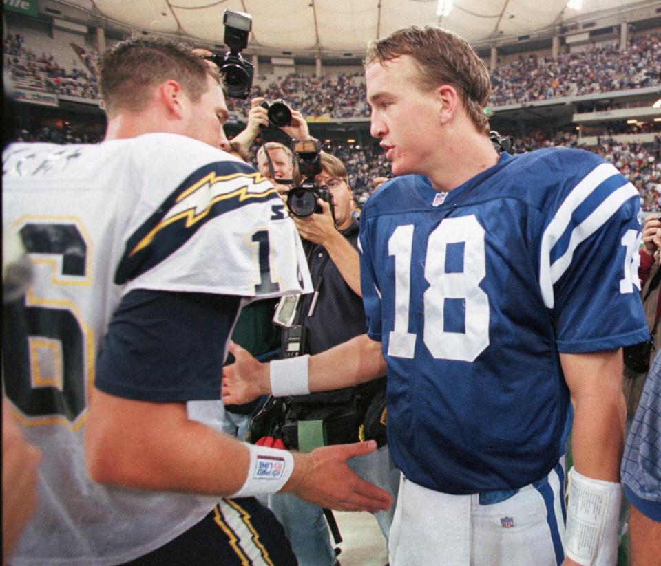 Peyton Manning's first win as an NFL quarterback with the Indianapolis Colts came on Oct. 4, 1998, over Ryan Leaf and the San Diego Chargers.
