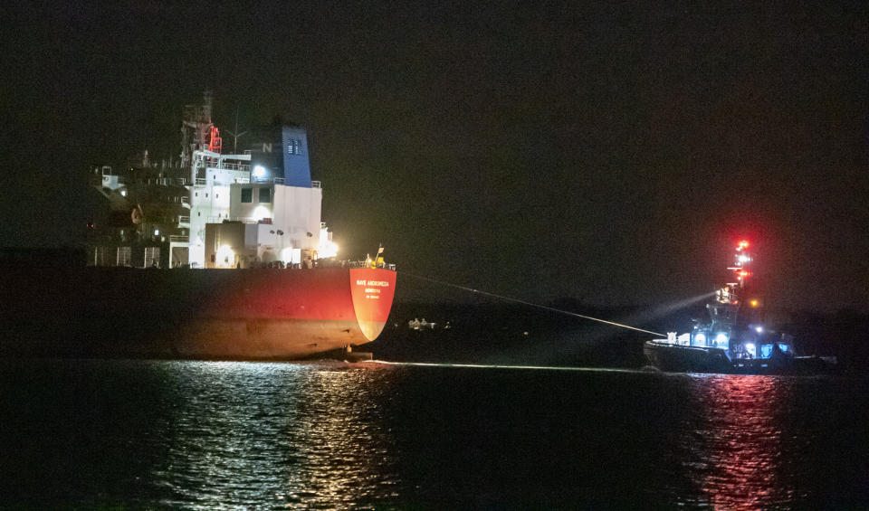 SOUTHAMPTON, ENGLAND - OCTOBER 26: The Nave Andromeda arrives to port on October 26, 2020 in Southampton, England. The 228-metre, Liberian-registered oil tanker was carrying oil from Nigeria to the port of Southampton when it was subjected to a suspect hijacking by stowaways off the coast of the Isle of Wight on the South Coast of the British Isles. The Ministry of Defence and Home Secretary authorised Armed Forces personnel to board the vessel in response to a police request and the incident was brought to a close in just nine minutes. (Photo by Finnbarr Webster/Getty Images)