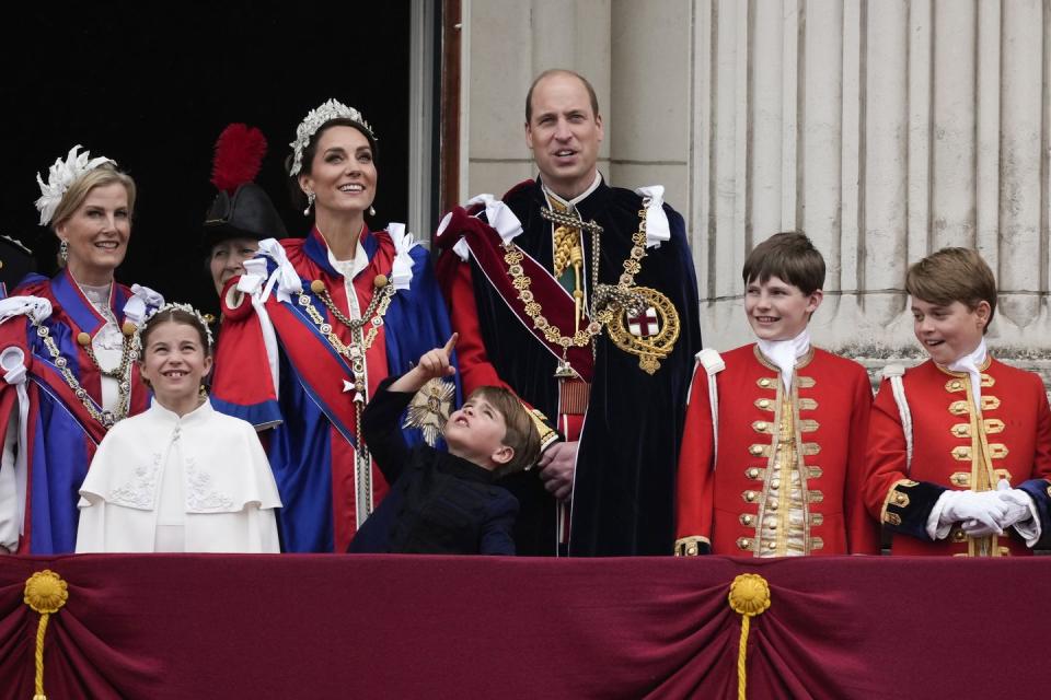 london, england may 06 l r sophie, the duchess of edinburgh, princess charlotte of wales, princess anne, princess royal, catherine, princess of wales, prince louis of wales, prince william, duke of cambridge, lord oliver cholmondeley and page of honour, prince george during the coronation of king charles iii and queen camilla on may 06, 2023 in london, england the coronation of charles iii and his wife, camilla, as king and queen of the united kingdom of great britain and northern ireland, and the other commonwealth realms takes place at westminster abbey today charles acceded to the throne on 8 september 2022, upon the death of his mother, elizabeth ii photo by christopher furlonggetty images