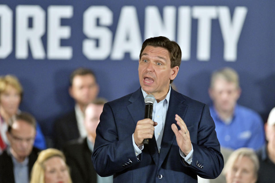 Florida Gov. Ron DeSantis, a Republican presidential candidate, speaks during a town hall event in Hollis, N.H., Tuesday, June 27, 2023. (AP Photo/Josh Reynolds)