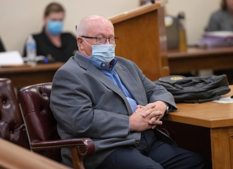 Former Gulf Breeze Mayor Ed Gray listens during this sentencing at the Santa Rosa County Court House in Milton on Tuesday, August 24, 2021.  Gray pleaded no contest to eight counts of video voyeurism, one count of illegal interception of communications, one count of illegally installing a tracking device and one count of stalking.