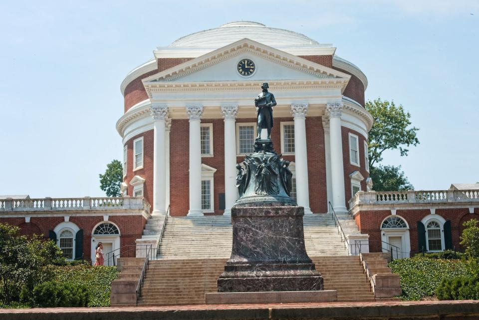 A statue of Thomas Jefferson stands in front of the university he devised, organized, built and supplied when he was in his 70s, the University of Virginia in Charlottesville. <a href="https://www.gettyimages.com/detail/news-photo/statue-of-thomas-jefferson-in-front-of-the-rotunda-on-the-news-photo/1347414160?adppopup=true" rel="nofollow noopener" target="_blank" data-ylk="slk:Robert Knopes/UCG/Universal Images Group via Getty Images;elm:context_link;itc:0;sec:content-canvas" class="link ">Robert Knopes/UCG/Universal Images Group via Getty Images</a>