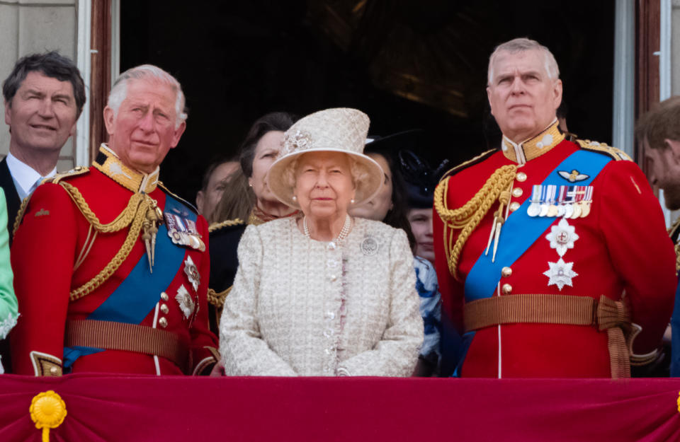 LONDON, ENGLAND - JUNE 08:  Prince Charles, Prince of Wales, Queen Elizabeth II and Prince Andrew, Duke of York appear on the balcony during Trooping The Colour, the Queen's annual birthday parade, on June 08, 2019 in London, England. (Photo by Samir Hussein/WireImage)