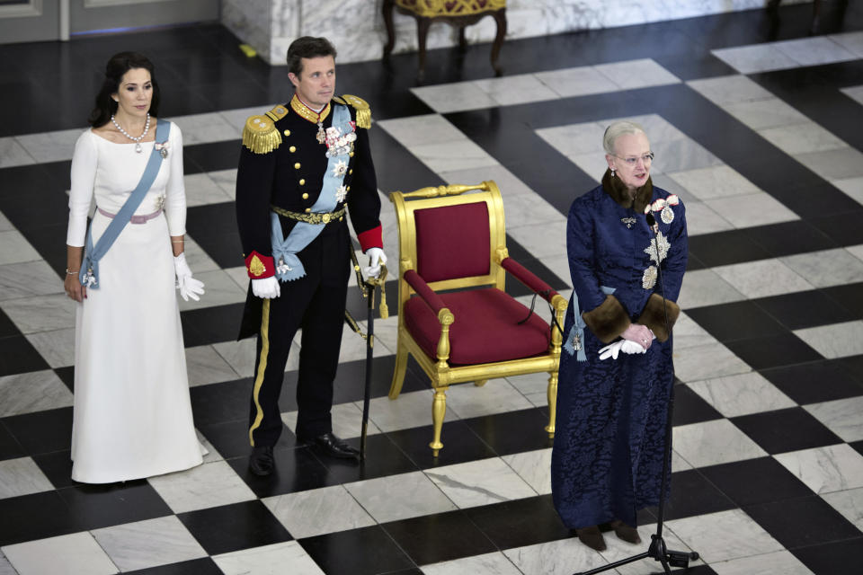 FILE - Danish Crown Princess Mary, left, Crown Prince Frederik and Danish Queen Margrethe during the New Year's gathering for the diplomatic corps at Christiansborg Palace in Copenhagen on Tuesday, Jan. 5, 2016. Queen Margrethe II, Denmark’s monarch for more than half a century, stunned her country when she announced on New Year’s Eve that she will hand over the throne to her eldest son, Crown Prince Frederik, on Jan. 14, 2024. It’s the first time a Danish monarch has stepped down voluntarily in nearly 900 years. (Lars Krabbe/Ritzau Scanpix via AP, File)