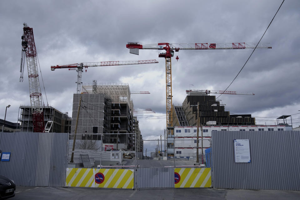 The Olympic athletes' village construction site is pictured In Saint Denis, outside Paris, Saturday, March 18, 2023. Some Paris 2024 Olympic hopefuls have expressed concern over the lack of air conditioning units in the athletes' village that will be home for thousands of athletes and sports officials during next year's Summer Games. (AP Photo/Christophe Ena)