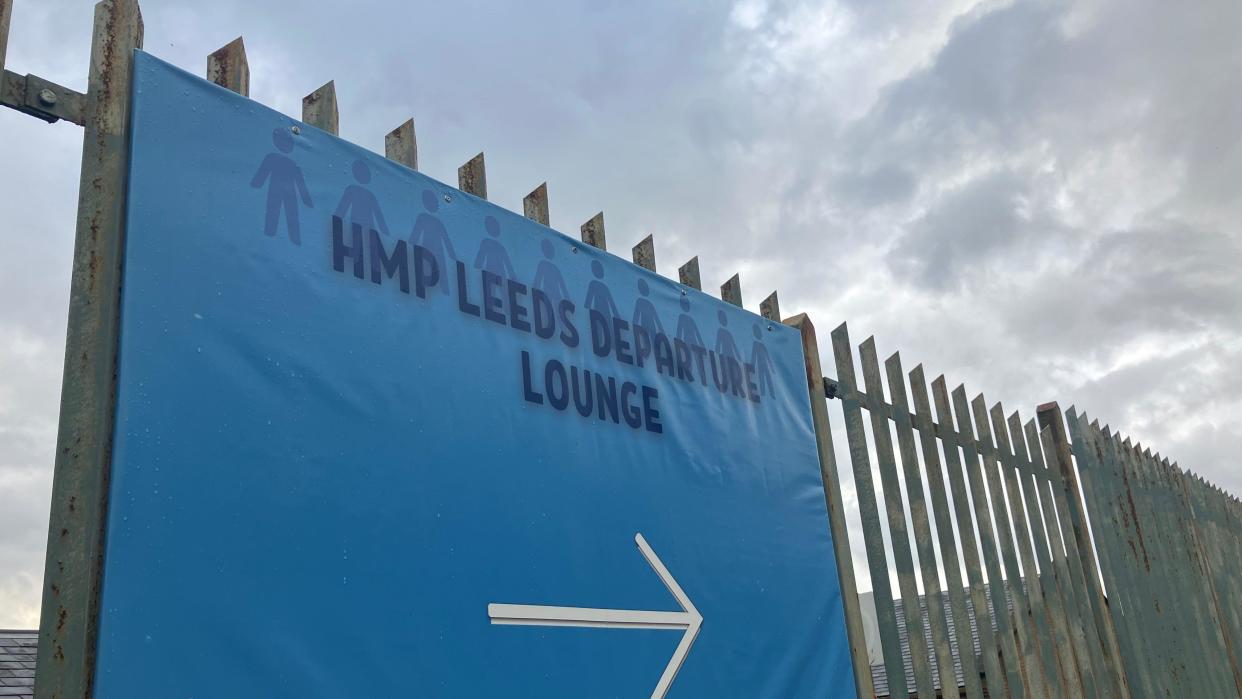 A sign at Leeds Prison which reads HMP Leeds Departure Lounge