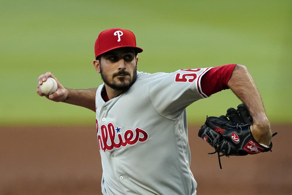 Philadelphia Phillies starting pitcher Zach Eflin delivers in the first inning of a baseball game against the Atlanta Braves, Friday, May 7, 2021, in Atlanta. (AP Photo/John Bazemore)