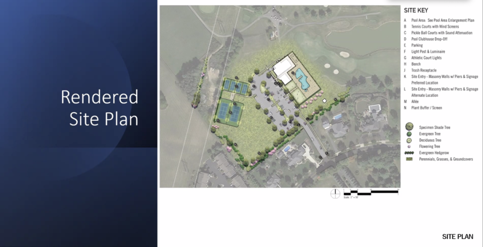 A pool, pool house and tennis and pickleball courts are proposed for the Centre Hills Country Club in State College. The plan was presented to the borough planning commission Wednesday. Screenshot