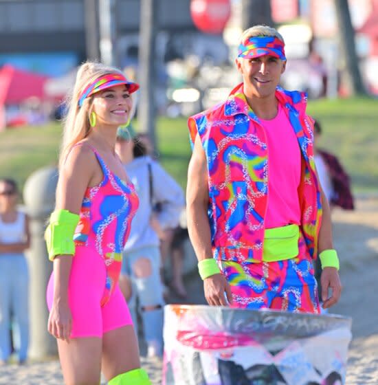 Margot Robbie and Ryan Gosling film new scenes for 'Barbie' in Venice California. 27 Jun 2022. (Photo by MEGA/GC Images)