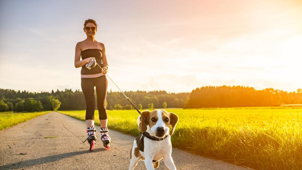 Woman rollerblading with dog