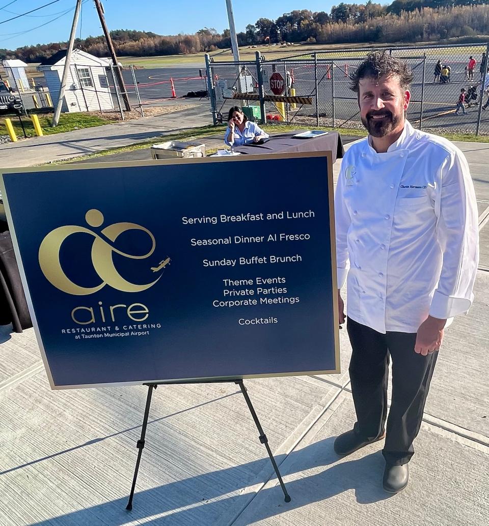 Charles Hermann, owner and executive chef of what will be known as the Aire restaurant inside Taunton Municipal Airport's new commercial administration building, is seen here at an open house held Saturday, Oct. 28, 2023, at the airport.