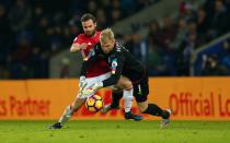 <p>eicester City’s Danish goalkeeper Kasper Schmeichel (R) makes a save to prevent Manchester United’s Spanish midfielder Juan Mata having a shot on goal during the English Premier League football match between Leicester City and Manchester United at King Power Stadium in Leicester, central England on February 5, 2017. </p>