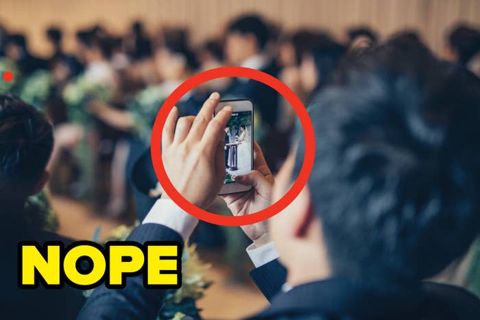 A man taking a photo on his phone at a wedding with text saying, "Nope"