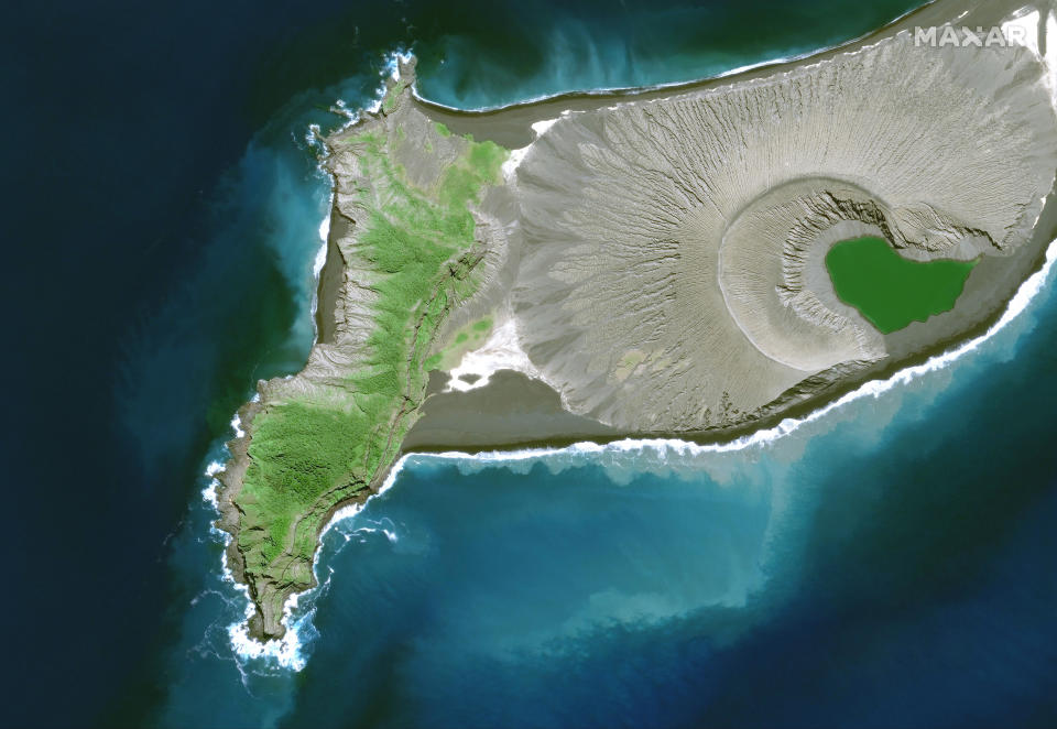 This satellite image provided by Maxar Technologies shows a closer view of Hunga Tonga Hunga Ha’apai volcano in Tonga on April 10, 2021. (Satellite image ©2022 Maxar Technologies via AP)