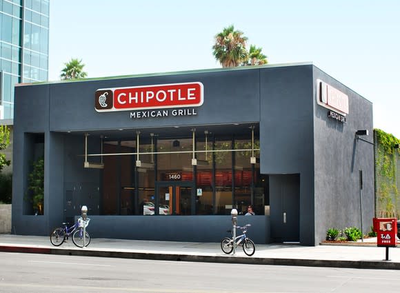 The outside of a Chipotle restaurant.