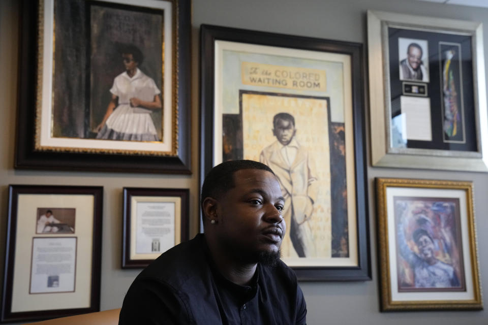 Randal Quran Reid speaks at his attorny's office Wednesday, Sept. 20, 2023. Reid says the use of facial recognition technology by a sheriff's detective in Louisiana led to his arrest for crimes he did not commit. (AP Photo/John Bazemore)