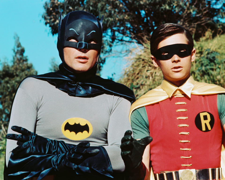American actors Adam West as Bruce Wayne/Batman and Burt Ward as Dick Grayson/Robin in the TV series 'Batman', circa 1966.  (Photo by Silver Screen Collection/Hulton Archive/Getty Images) 