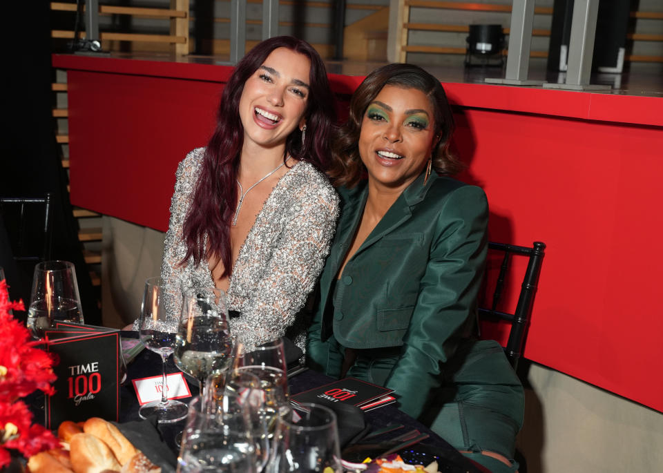 NEW YORK, NEW YORK - APRIL 25: (L-R) Dua Lipa and Taraji P. Henson attend the 2024 TIME100 Gala at Jazz at Lincoln Center on April 25, 2024 in New York City.  (Photo by Sean Zanni/Patrick McMullan via Getty Images)