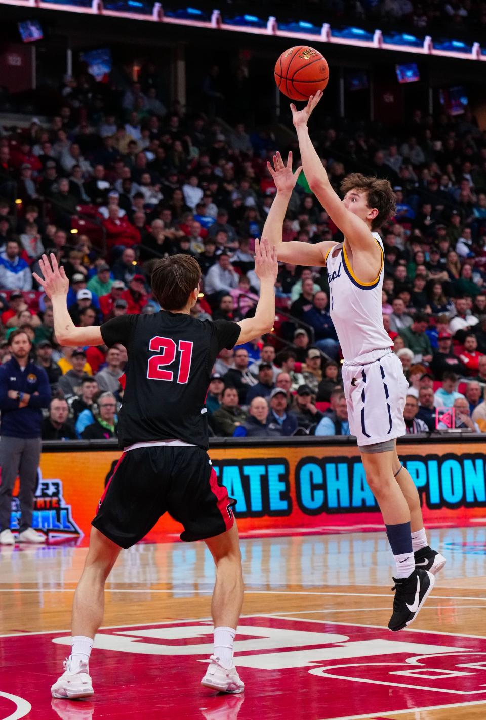 Whitnall's Josh Kaye (5) takes a shot in the lane during the WIAA Division 2 state boys basketball semifinal against La Crosse Central at the Kohl Center in Madison on Friday, March 17, 2023.