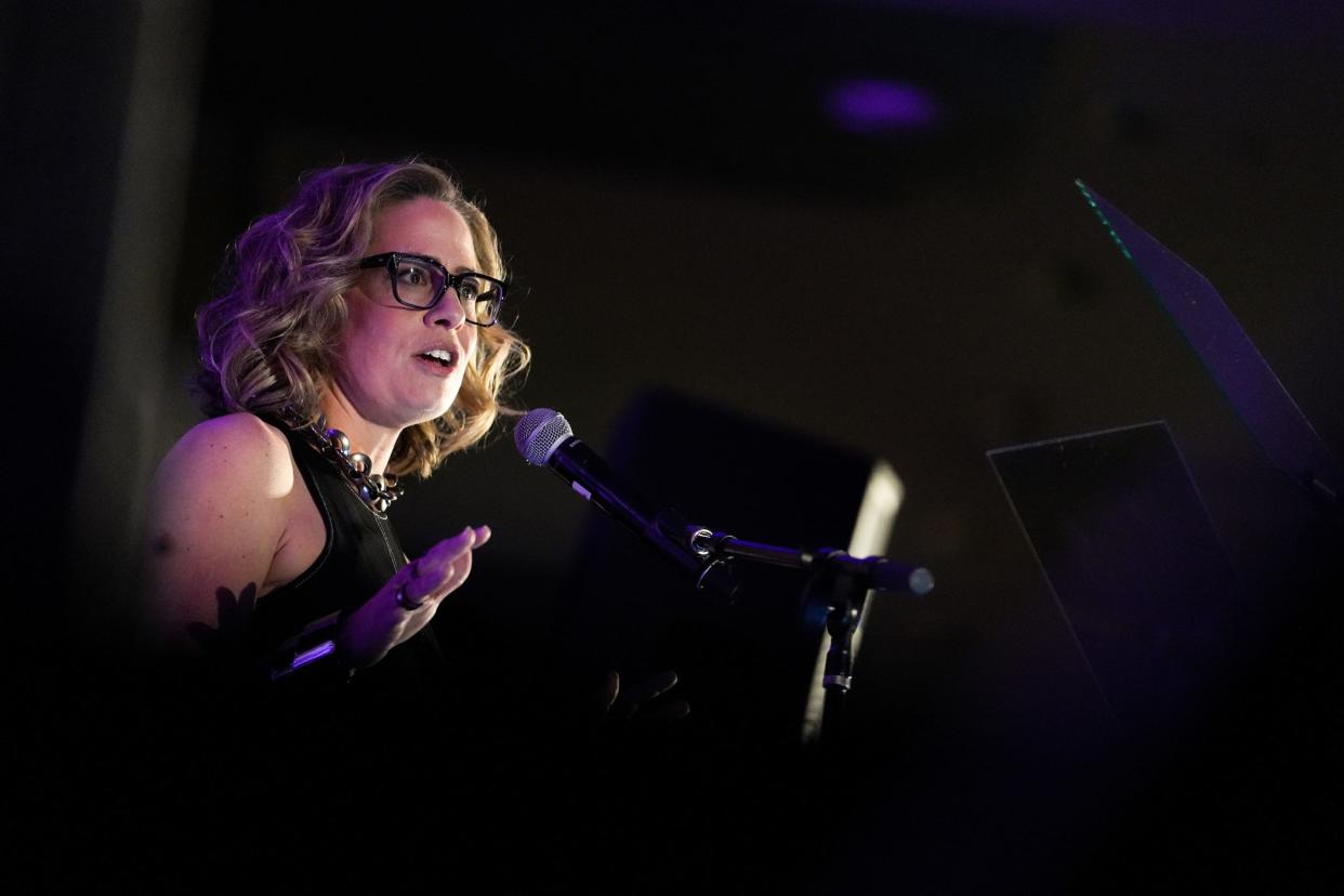 Sen. Kyrsten Sinema speaks during an Arizona Chamber of Commerce and Industry event at the Arizona Biltmore on April 6, 2023, in Phoenix.