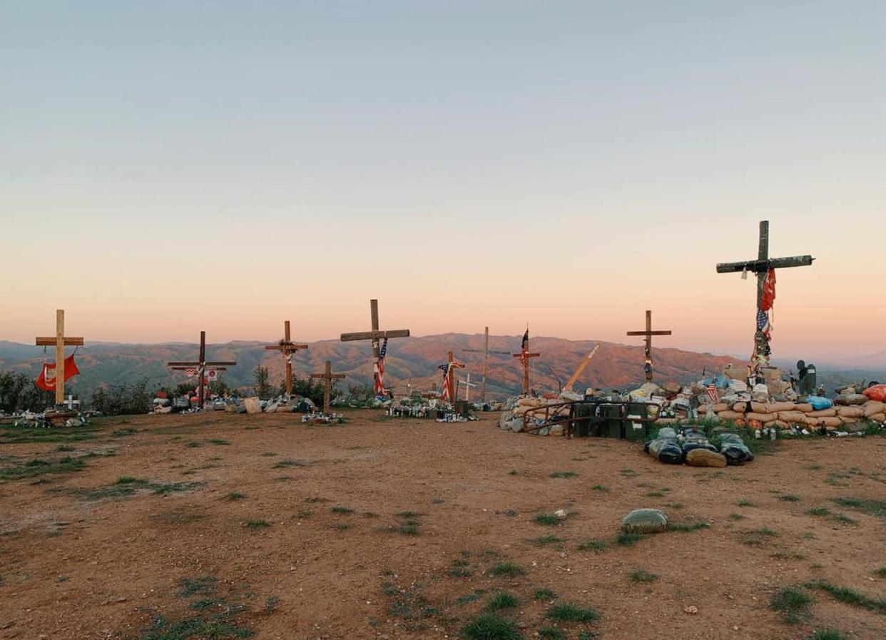 Crosses in honor of fallen Marines stand atop a hill near Camp Pendleton, California. Katrina Finkelstein, <a href="http://creativecommons.org/licenses/by/4.0/" rel="nofollow noopener" target="_blank" data-ylk="slk:CC BY;elm:context_link;itc:0;sec:content-canvas" class="link ">CC BY</a>