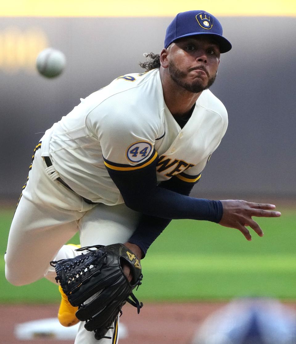Brewers starting pitcher Freddy Peralta struck out 10 Braves batters and didn't allow a runner past second base in seven innings Monday night at American Family Field.