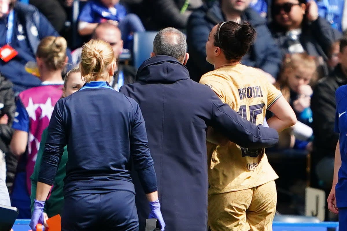 Injury concern: Lucy Bronze limped out of Barcelona’s win over Chelsea on Saturday  (PA)