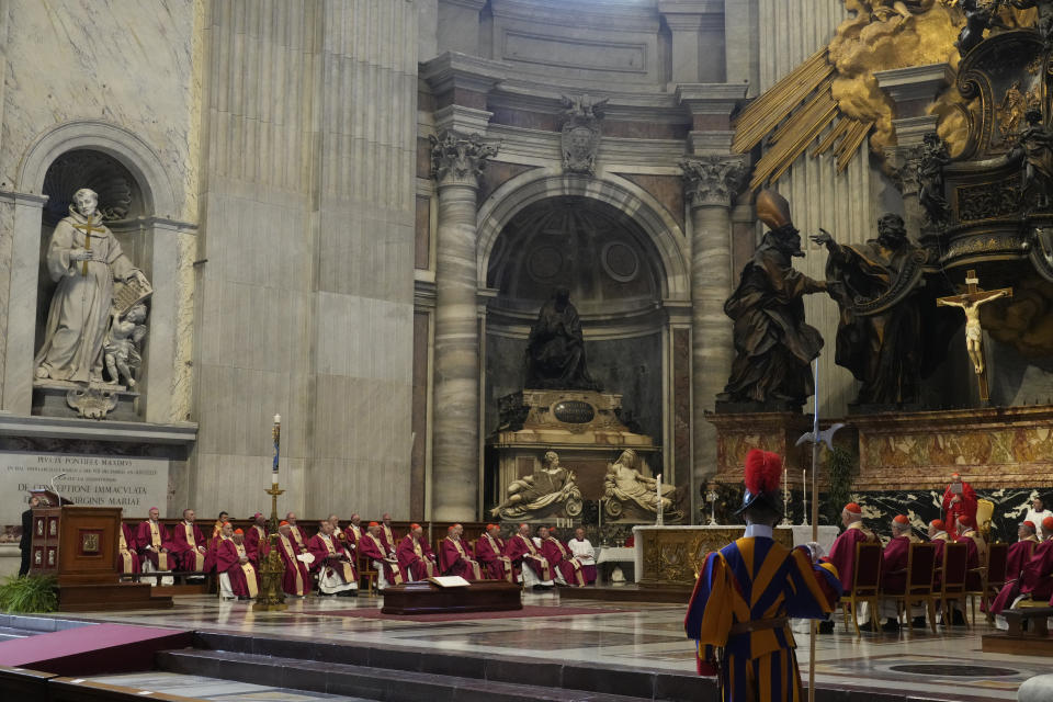 Cardinals and bishops attend the funeral ceremony for Australian Cardinal George Pell in St. Peter's Basilica, at the Vatican, Saturday Jan. 14, 2023. Cardinal Pell died on Tuesday at a Rome hospital of heart complications following hip surgery. He was 81. (AP Photo/Gregorio Borgia)