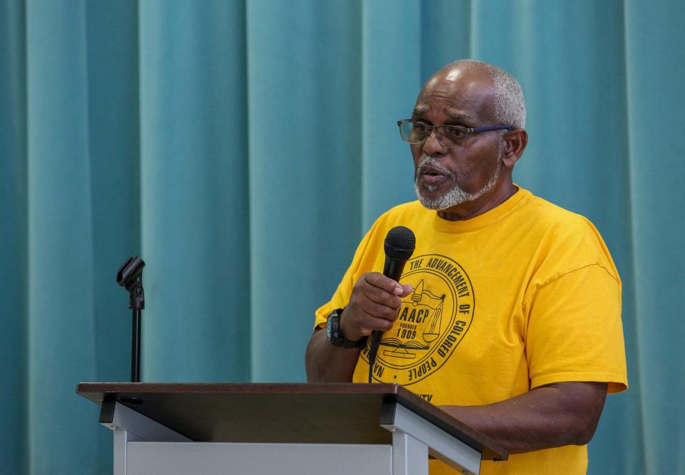 Indian River County NAACP President Anthony Brown speaks during the second town hall meeting in Gifford, Monday, Aug. 21, 2023. “If you look at Gifford, Fla., the stories we could tell y’all in this room you couldn’t even envision about what Gifford used to be. You couldn’t even in your wildest imagination,” Brown said. “You talk about Tulsa, Ok., and all these other black towns that were thriving. The only thing that Gifford, Fla., did not have was a grocery store. We had a drive-in theatre, a movie theatre. We had laundry mats, we had funeral homes, we had service stations, we had gas stations, we had restaurants and we had a post office. We had all of these things. So, when I tell the story and I look back, I don’t have time to be nice no more. I don’t have time to worry about your feelings. If you are not on this train, we ain’t stopping you. You can jump off. I’m not being malicious, but i’m just at a point in my life where i’m looking at our children.” The topics discussed during the town hall meeting included strategies to discuss at the next school board meeting, African American AP standards, book banning and ‘slaves benefiting from slavery’.